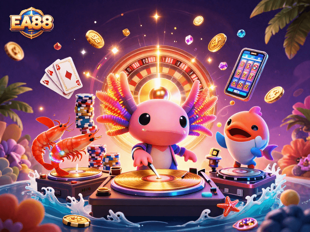 Win big at EA88 with vivid casino-themed digital illustration featuring lively characters and exciting gaming elements.