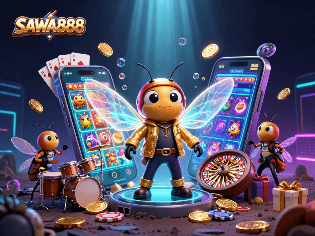 Experience SAWA888's exciting slot games amidst a vibrant 3D casino scene filled with action and rewards.