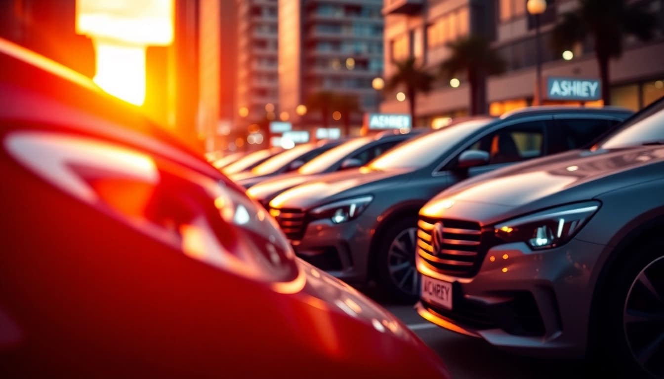 Ashley cars arranged in a vibrant city setting, showcasing modern luxury and elegance.