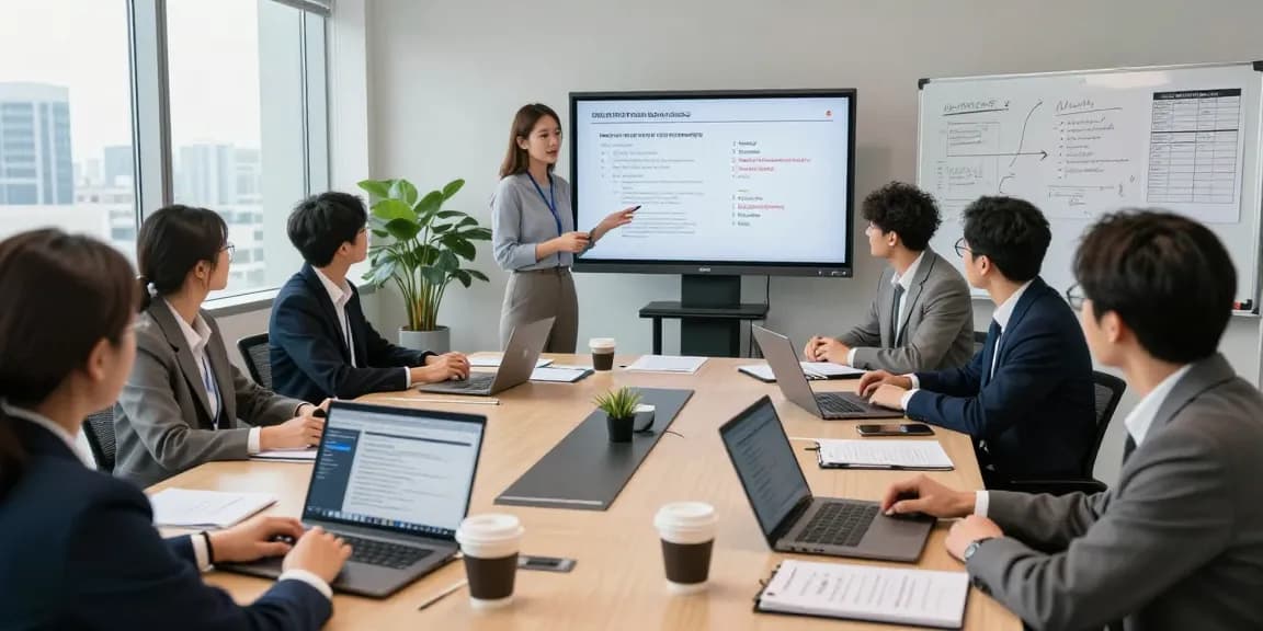A professional forensic auditing workshop scene by aafikotasemarang.org, showing auditors engaged in discussions with laptops and notes in a modern conference room.