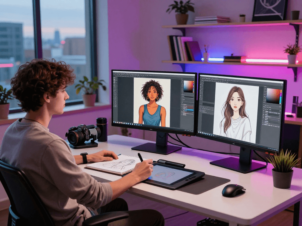 Dynamic AI NSFW creative workspace with digital tools and vibrant atmosphere.