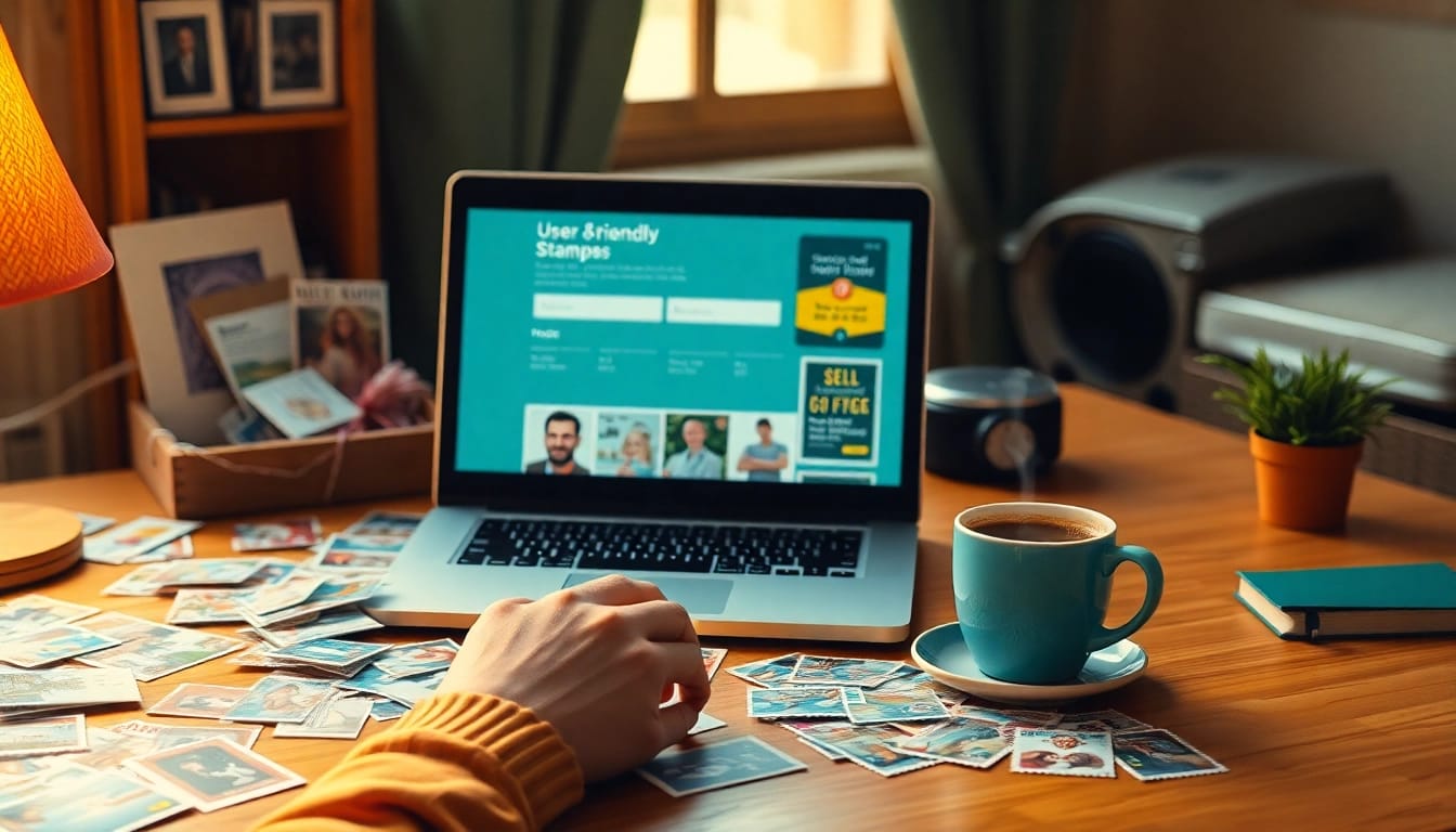 Discover the ease of buying postage stamps online with a cozy home office scene and colorful stamps.