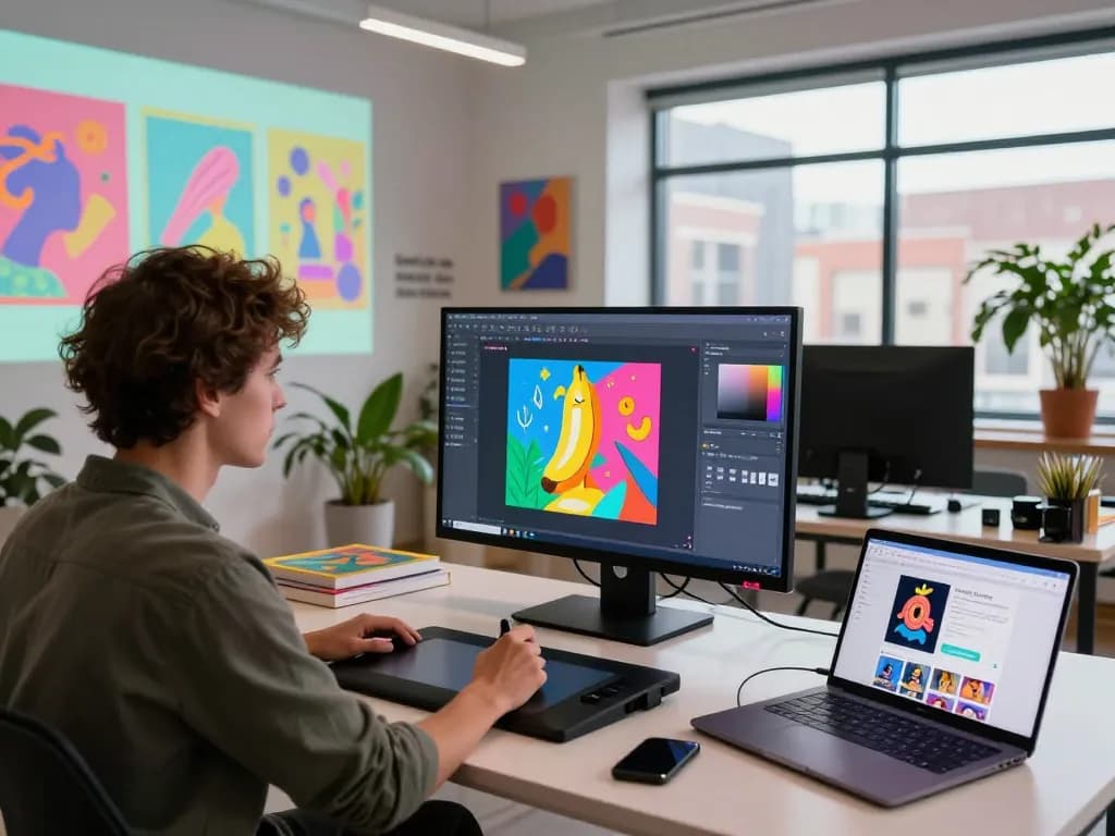 Artist using the innovative Nano Banana 2 AI for dynamic image creation in a modern studio.