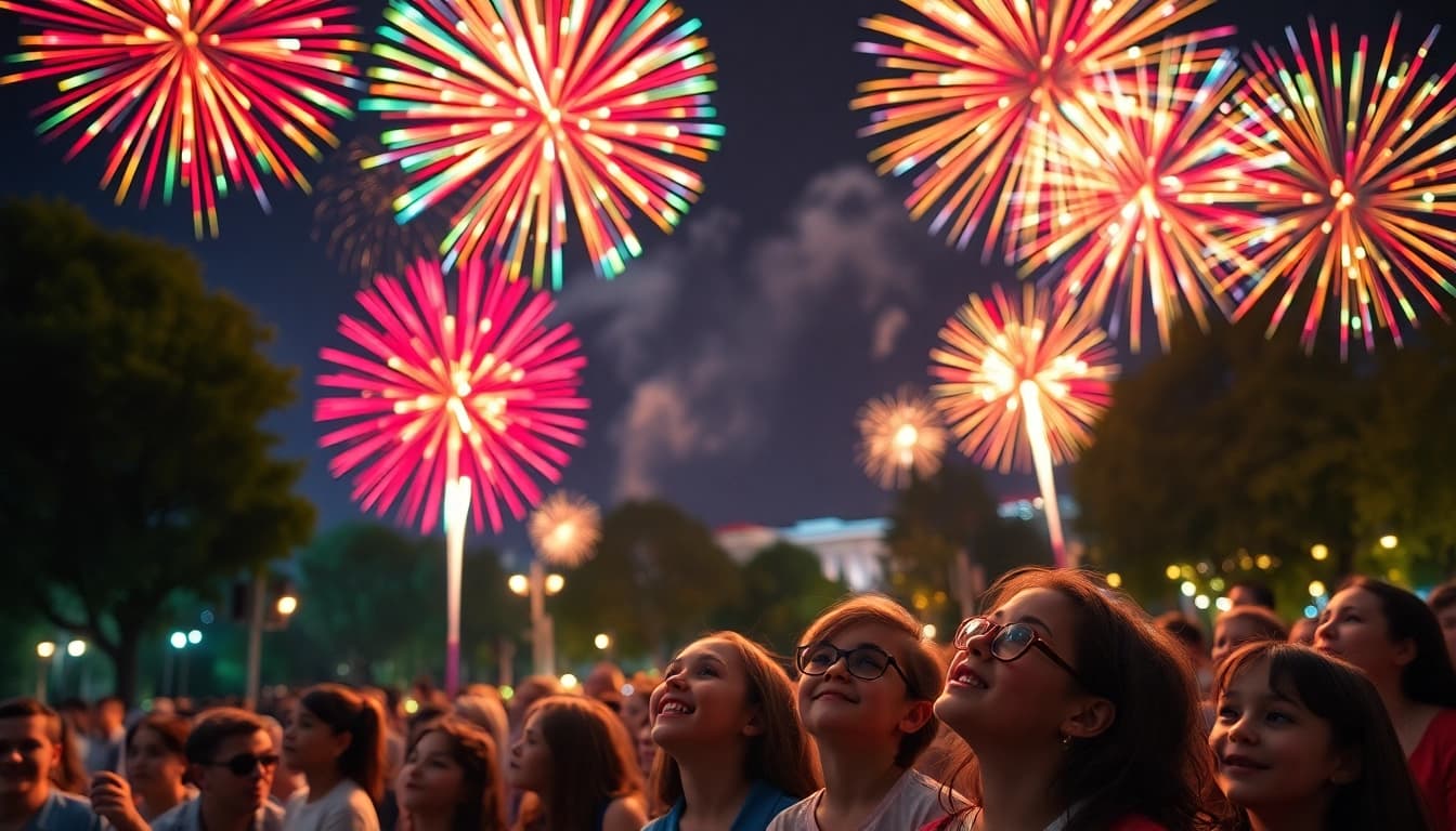 Crowd enjoying vibrant fireworks display in the UK, celebrating a festive occasion.