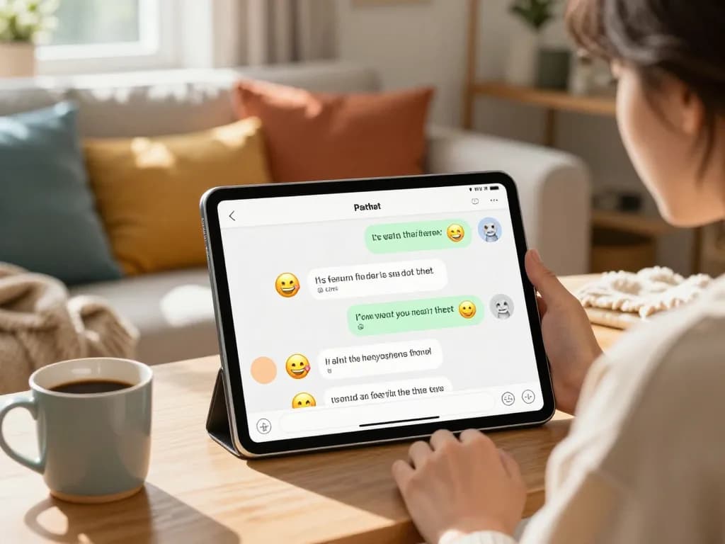 Engaging in a spicy chat with an AI chatbot on a tablet in a cozy living room.