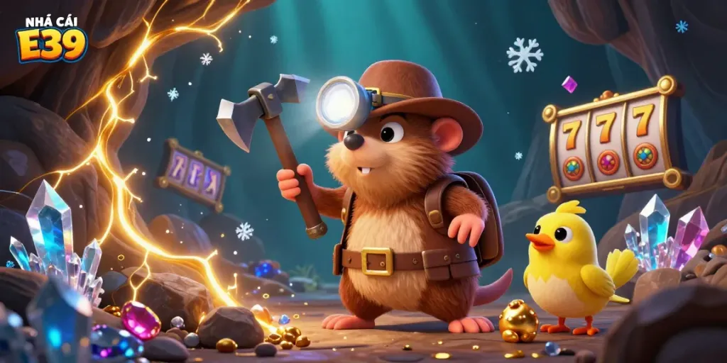 Experience gaming excitement with NHÀ CÁI E39 featuring a treasure hunter mole in a cave filled with gold and gems.