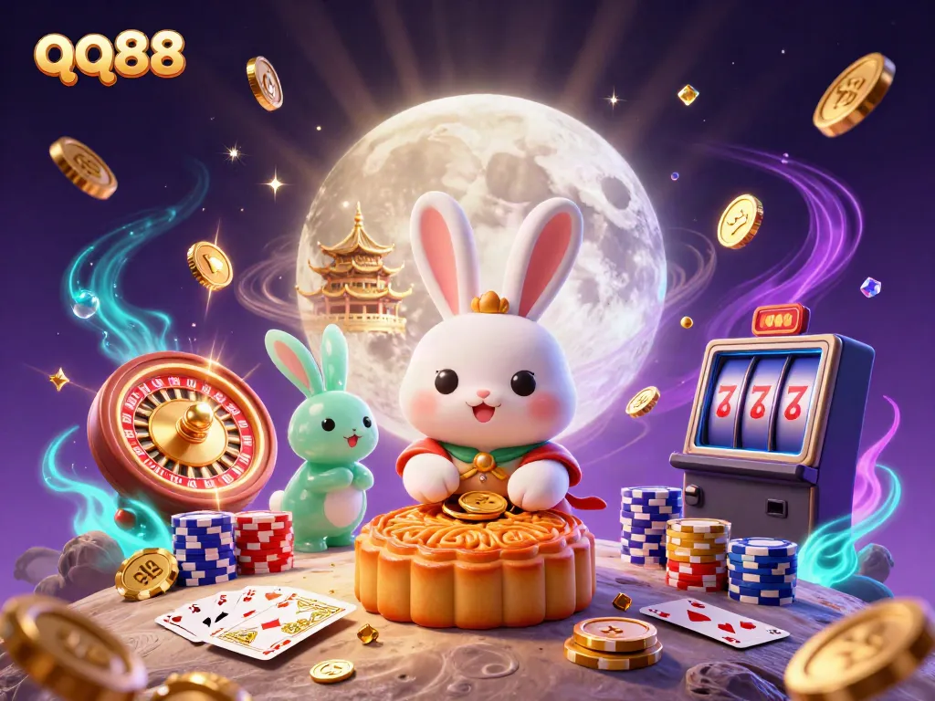 qq88 showcases a playful moon rabbit gambling with poker chips amidst cascading treasures, delighting players.