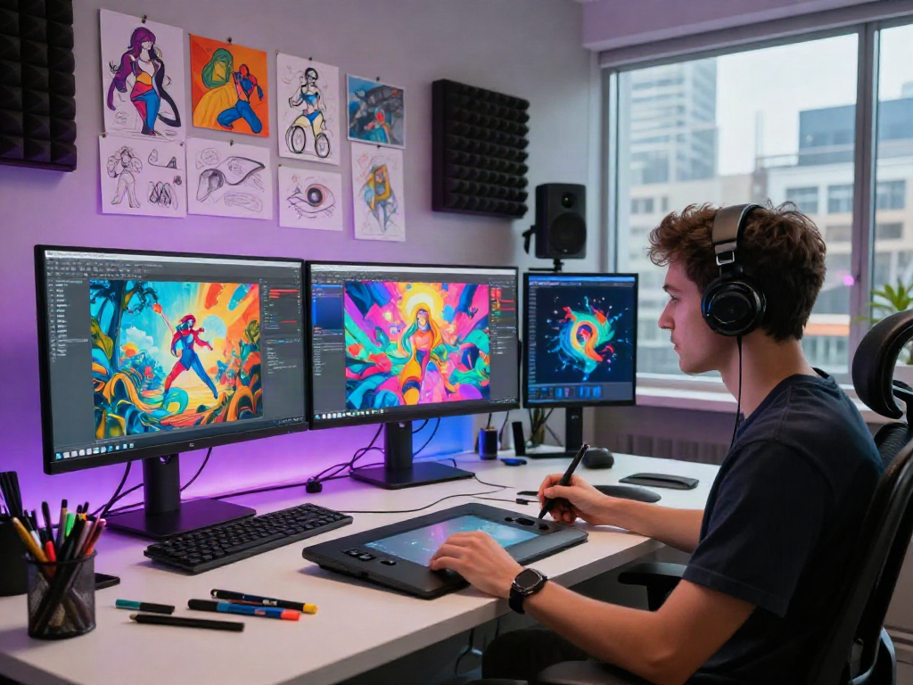 AI NSFW artist engaged in creative process with digital tools and vibrant artwork.