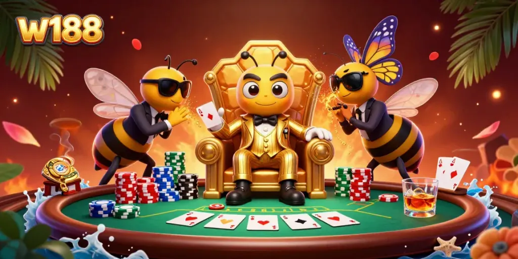Experience thrilling poker action at W188, featuring a vibrant cartoon scene with chip stacks and a mob boss.