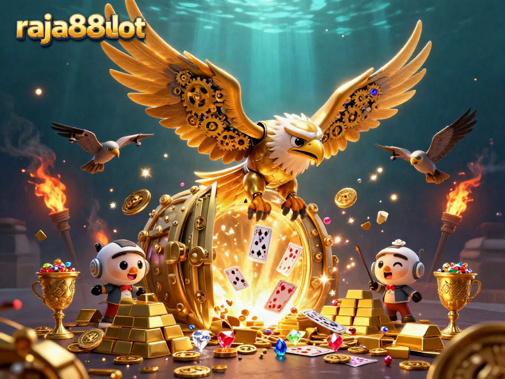 Engage in thrilling gameplay with raja88slot as the golden eagle soars through a vibrant casino scene.