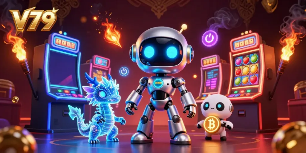 Experience the excitement at V79 with a lively 3D casino illustration featuring a futuristic robot and slot machines.