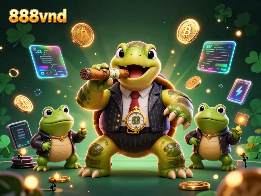 Experience thrilling betting at 888vnd with a vibrant casino scene featuring animated characters and crypto elements.