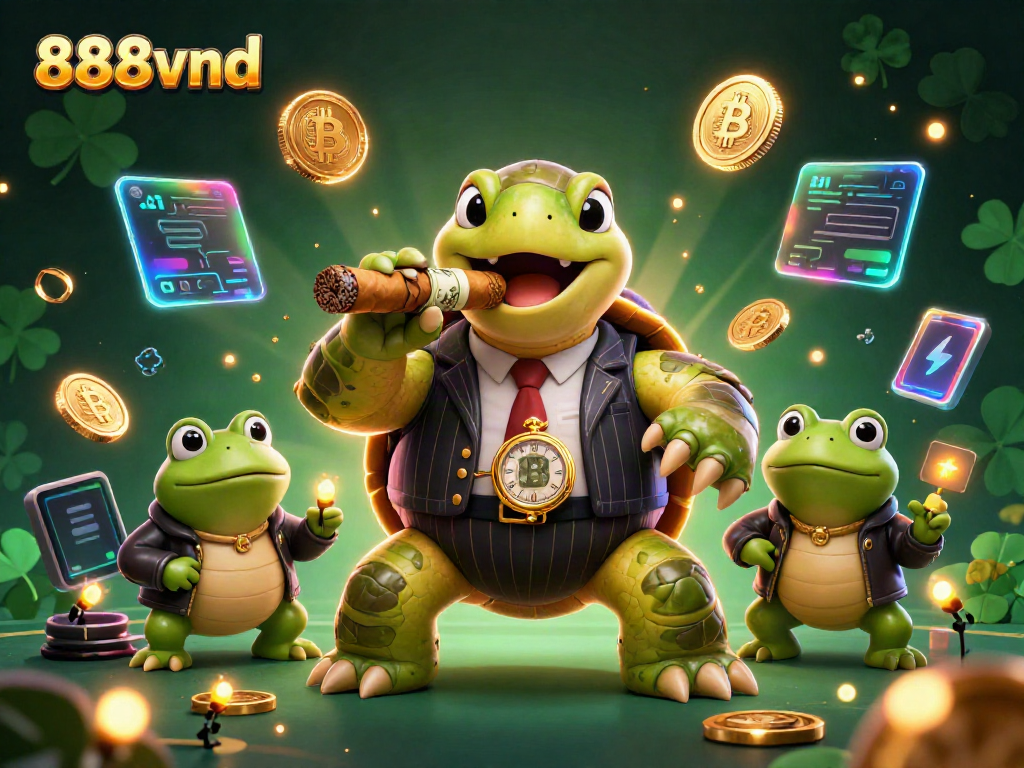 Experience thrilling betting at 888vnd with a vibrant casino scene featuring animated characters and crypto elements.