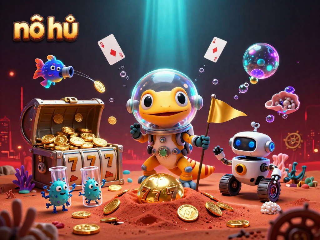 Experience nổ hũ excitement with Martian gecko and robot in a vibrant casino adventure.