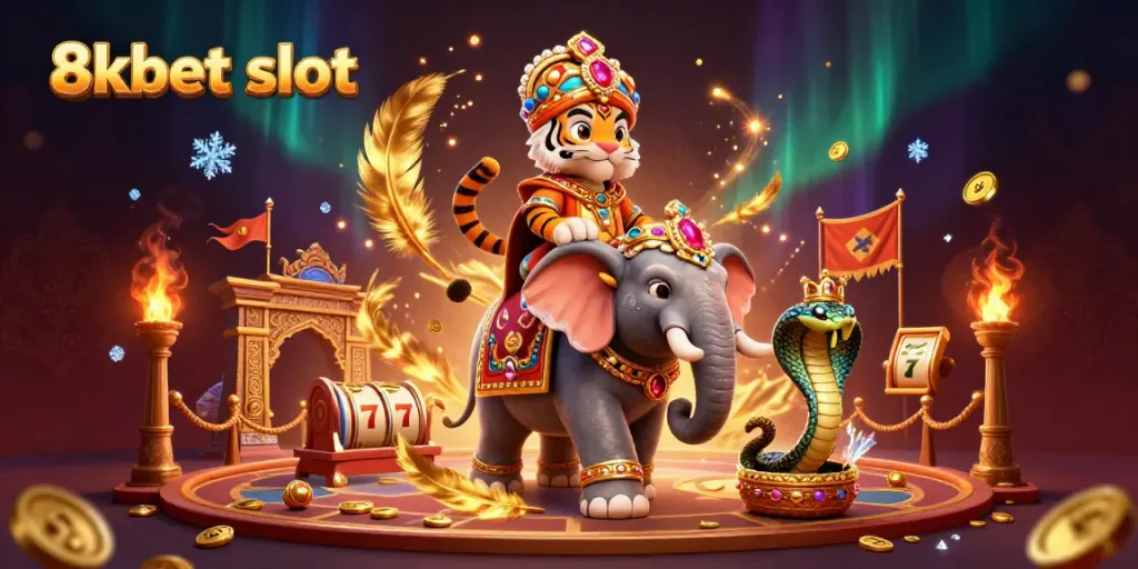 Experience thrilling action at 8xbet slot with a dynamic scene featuring a regal maharaja tiger and a jewel elephant.