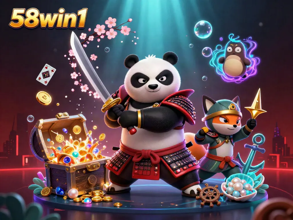 Engage with 58win1 as a fierce panda samurai, captivating dynamic gambling adventure under glowing waves.