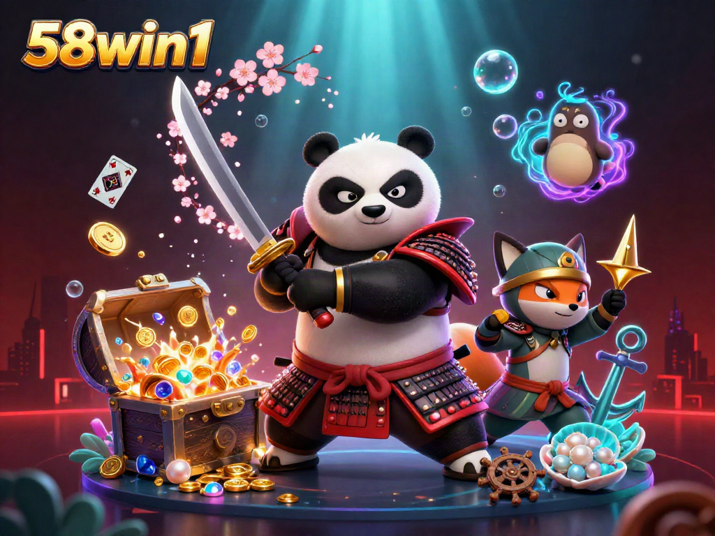 Engage with 58win1 as a fierce panda samurai, captivating dynamic gambling adventure under glowing waves.