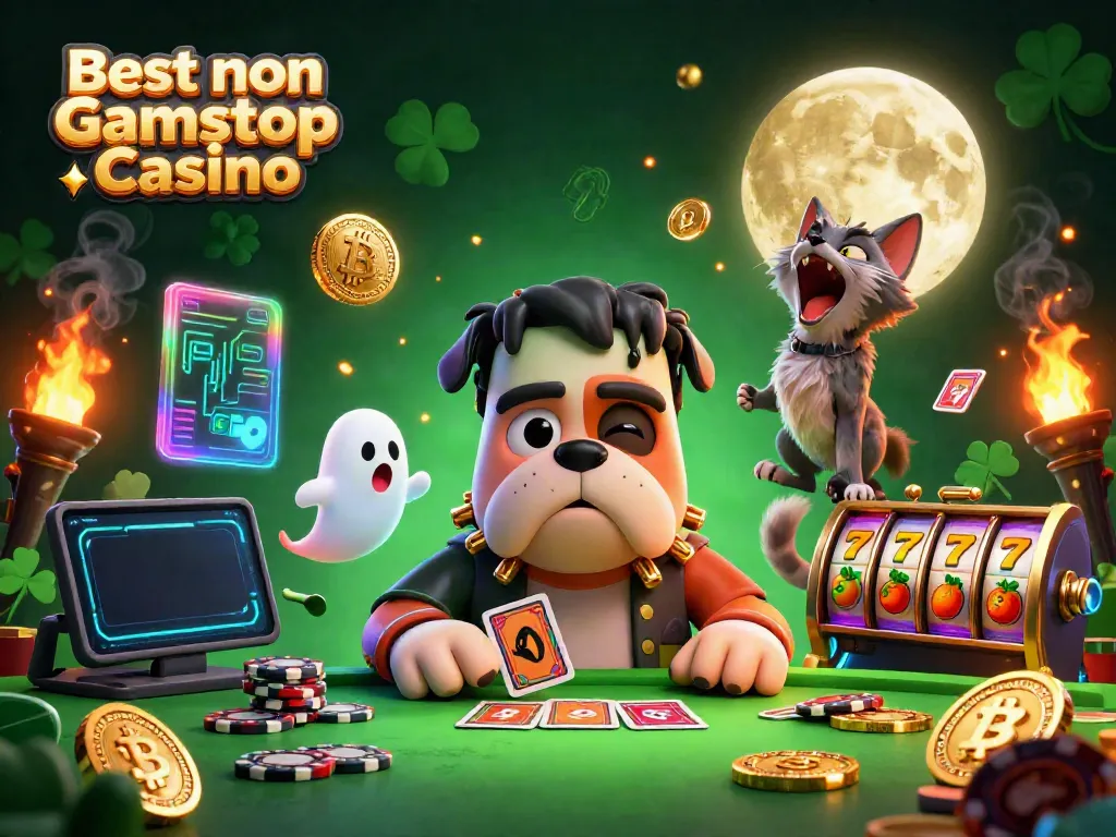 Engaging scene at the Best non Gamstop Casino with a Frankenstein bulldog dealer, currency elements, and high-energy ambiance.