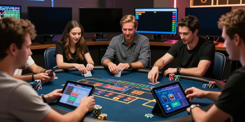 Engaged players at 9BET live casino game, showcasing excitement and modern digital environment.