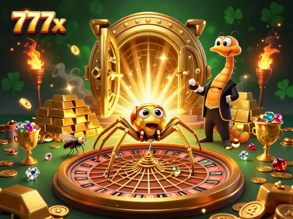 Engage with 777x's exciting roulette wheel scene featuring lively characters in a dynamic online casino atmosphere.