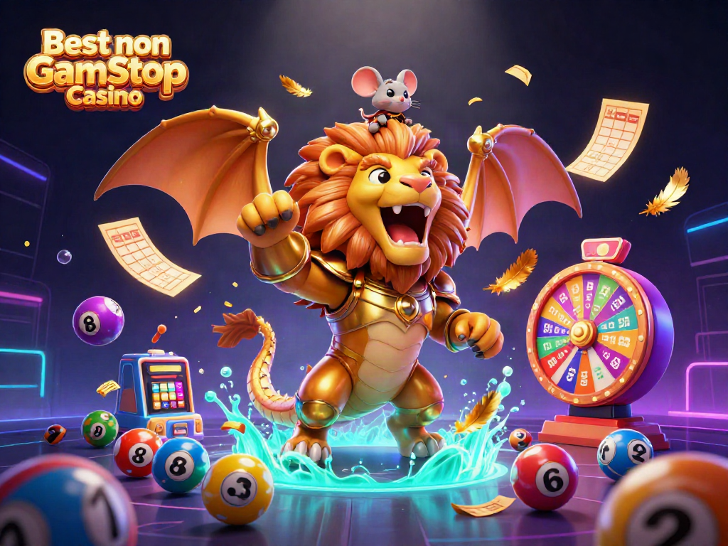 Engage with the Best non Gamstop Casino featuring a golden chimera, lucky items, and dynamic lottery elements.