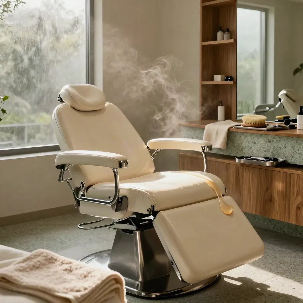 Cream salon chair, basin, scissors, brushes and curl swatch in moody rain-lit salon haze.