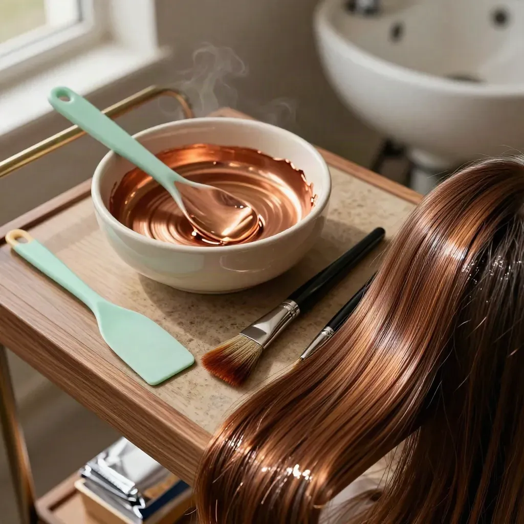 Copper gloss, tint bowl, brushes, foil stacks and a shiny practice-head section on a salon trolley.