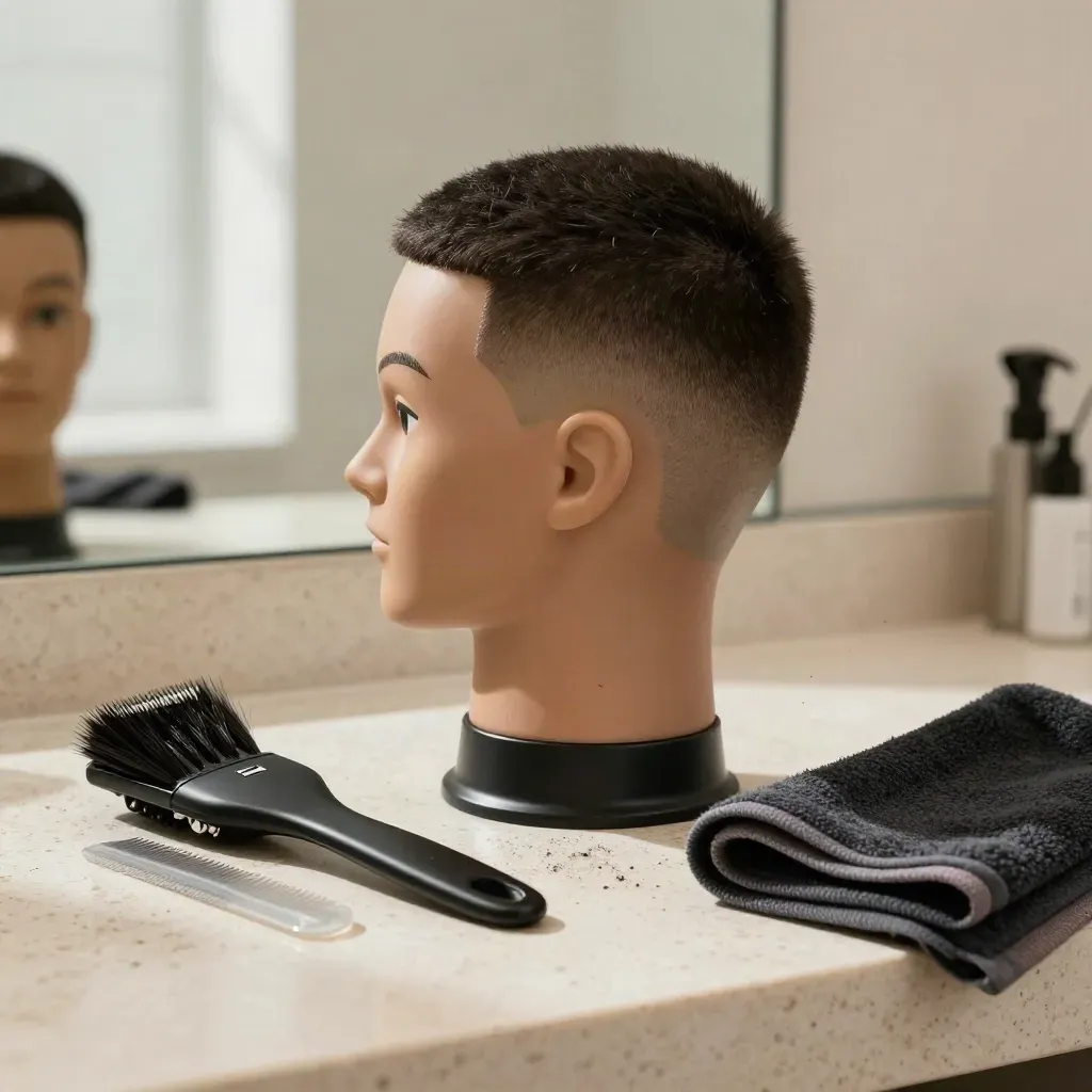 Mannequin head with fresh fade, clippers, comb, brush, and clipped hair dust on travertine.