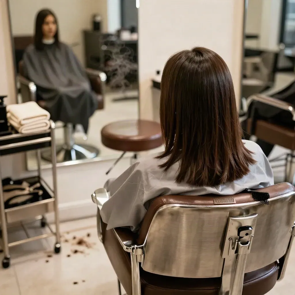 Salon practice head with a blunt shoulder-length cut beside tools and a swept floor.