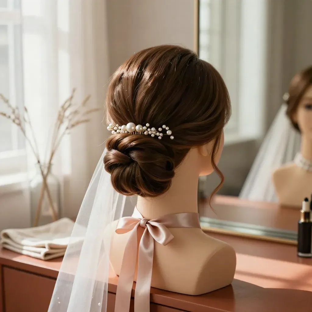 Bridal updo practice head with pearl comb, veil edge and satin ribbon in a bright salon mirror.