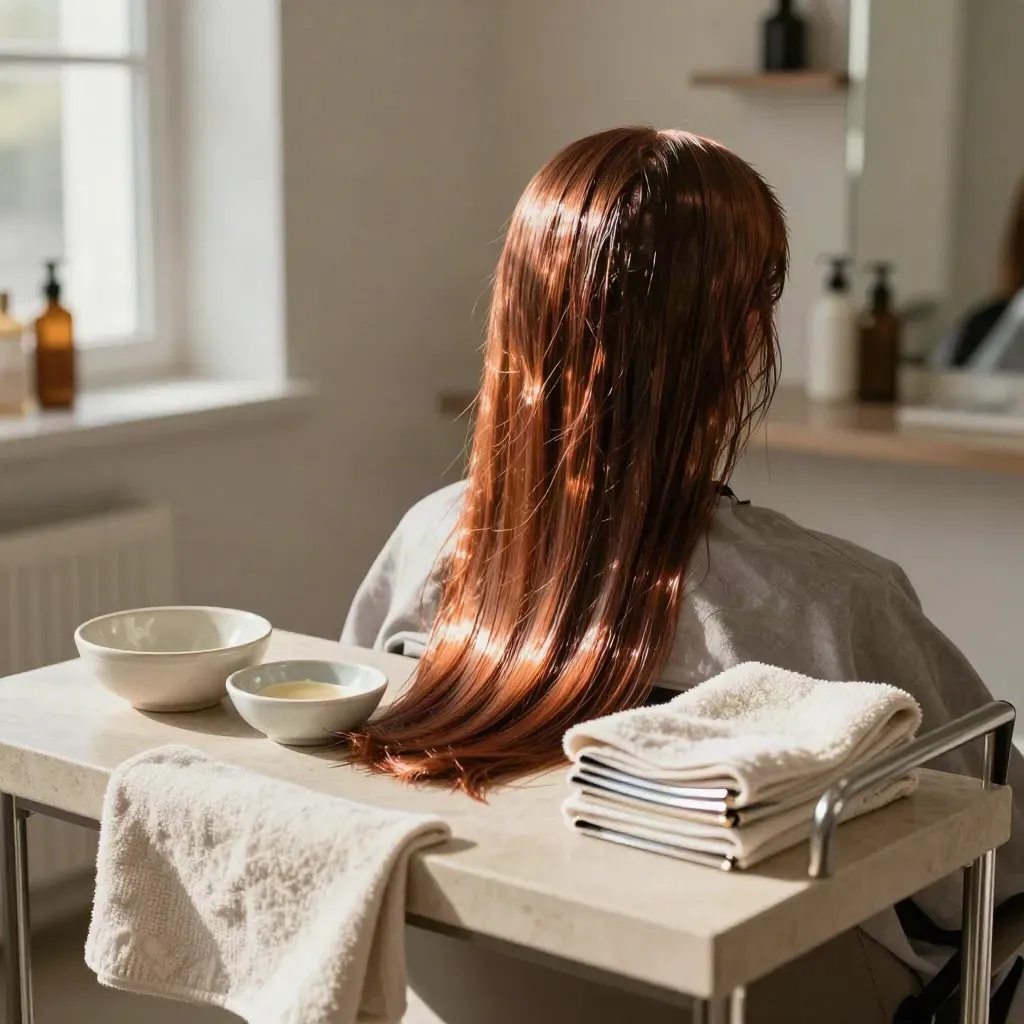 Copper-gloss practice head beside tint bowls, foils, and a cream towel on a salon counter.