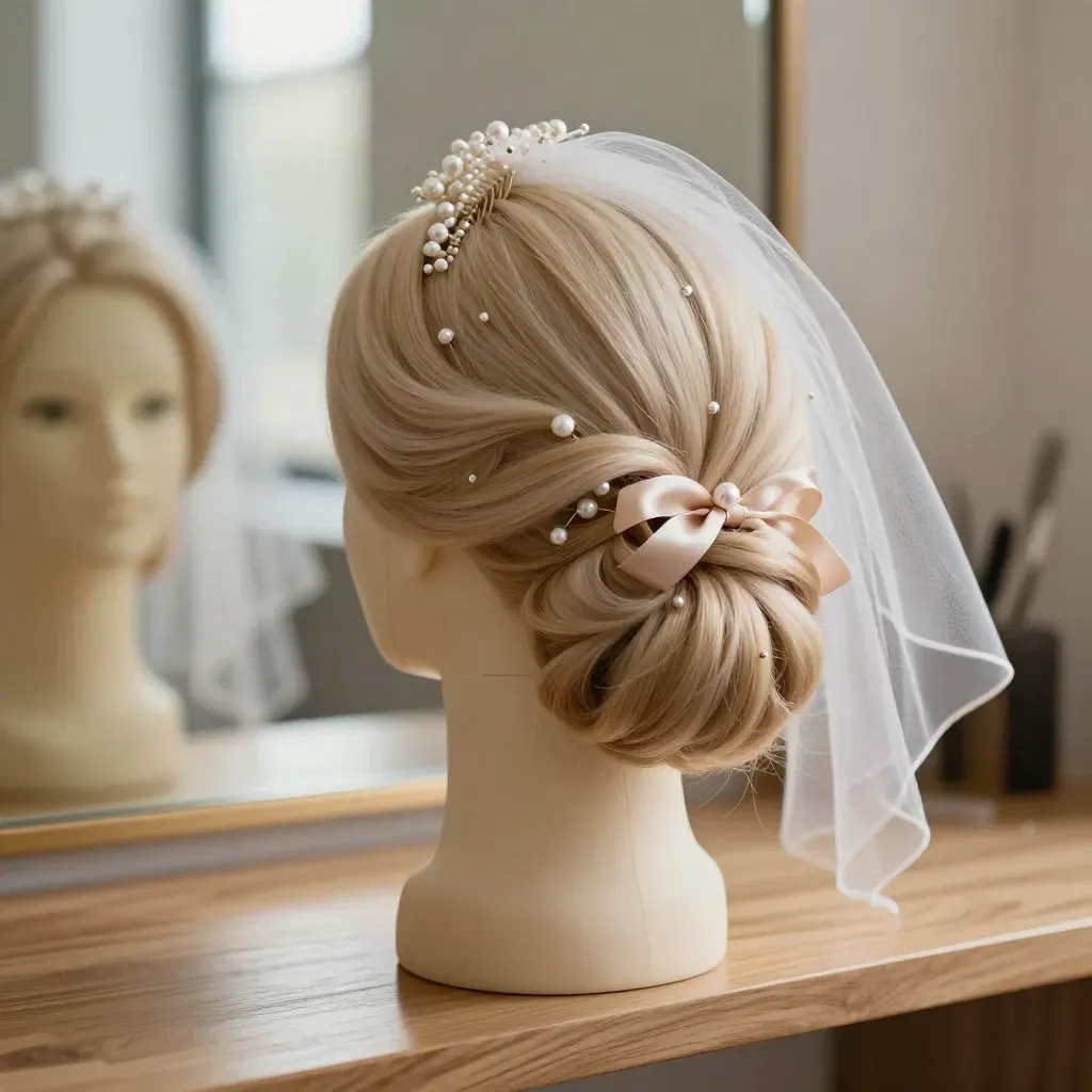 Pinned bridal updo on a practice head with pearl pins, veil comb and satin ribbon by a softly lit mirror