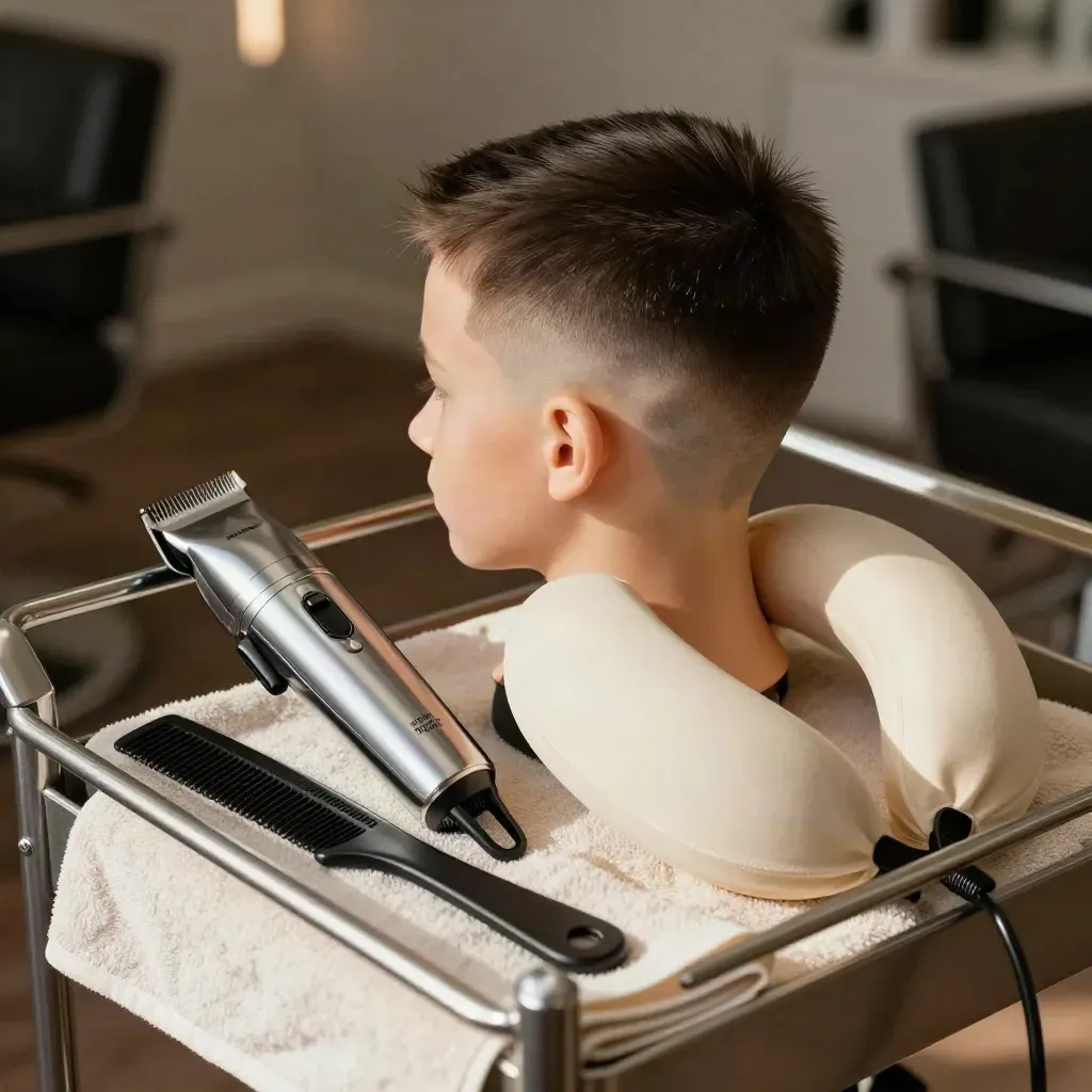 Practice head with sharp fade, clippers, guard, comb and neck duster on a salon trolley.