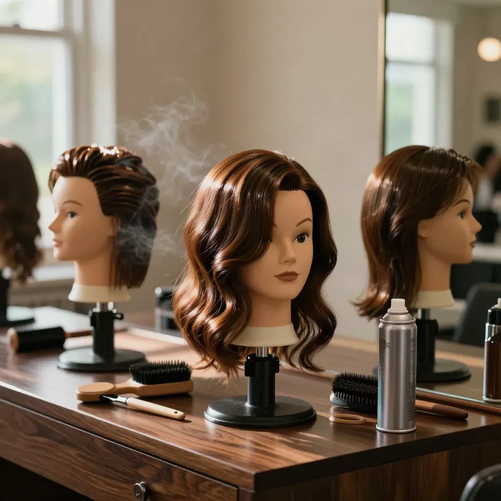 Three practice heads with glossy waves, brushes, rollers, and spray mist in a moody salon.