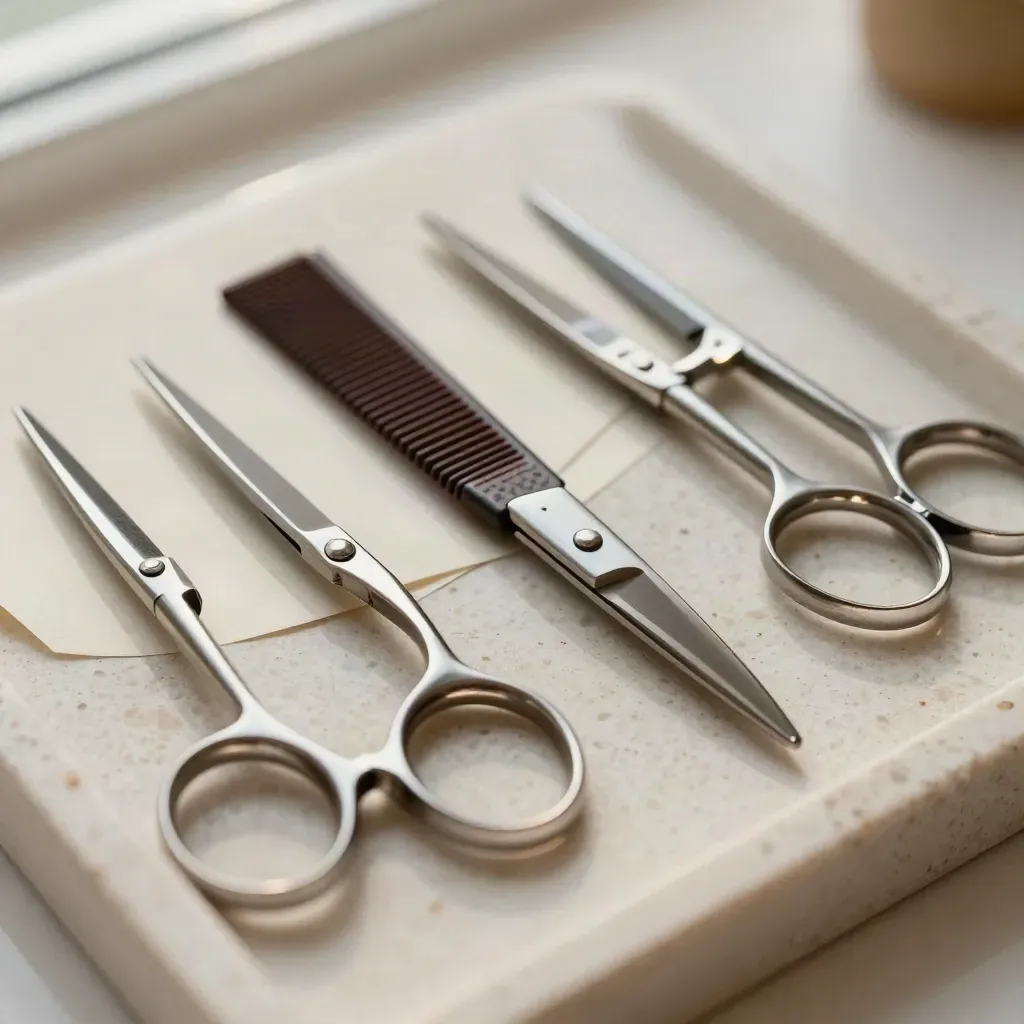 Macro of salon scissors, thinning scissors, comb and clips on travertine stone.