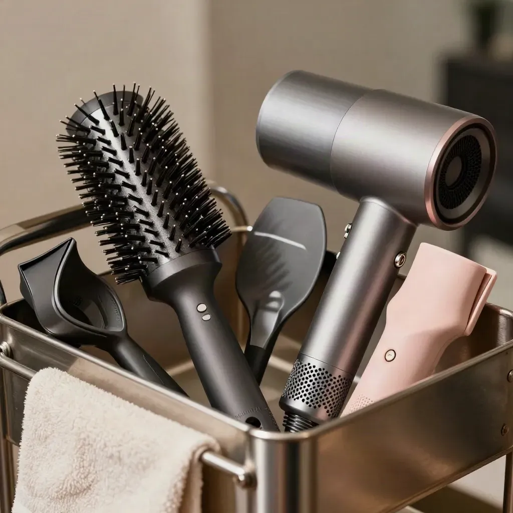 Blow-dry tools on a brushed-metal trolley with warm haze and blush accent