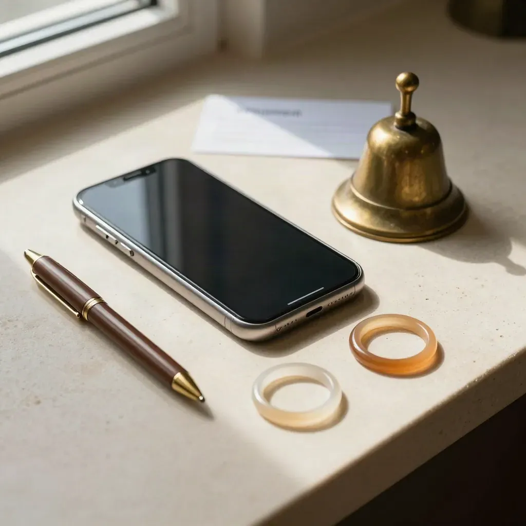 Face-down phone, brass bell, pen and colour rings on a cream counter for salon booking.
