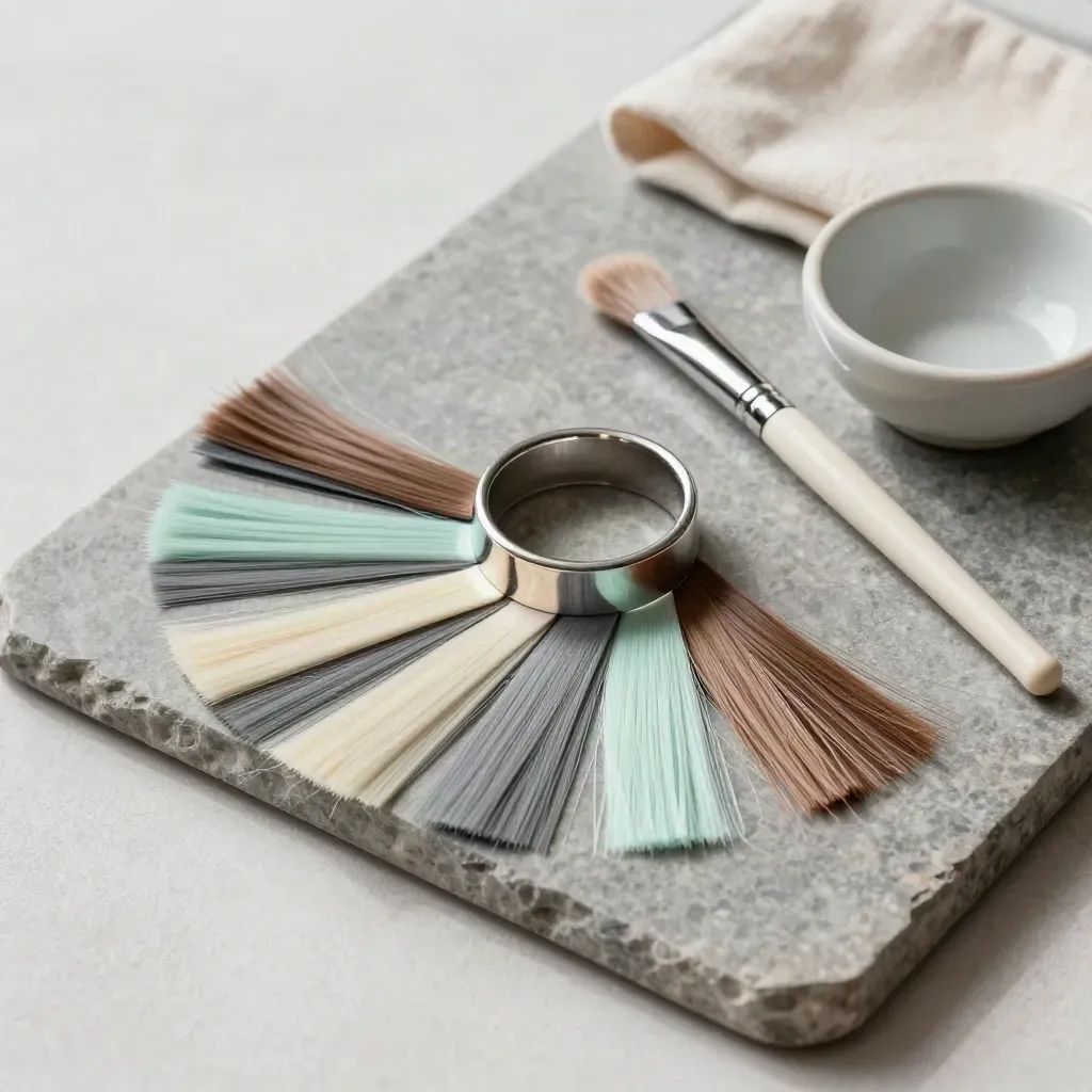 Top-down still life of colour-matching tools for a hair consultation on a stone tray.