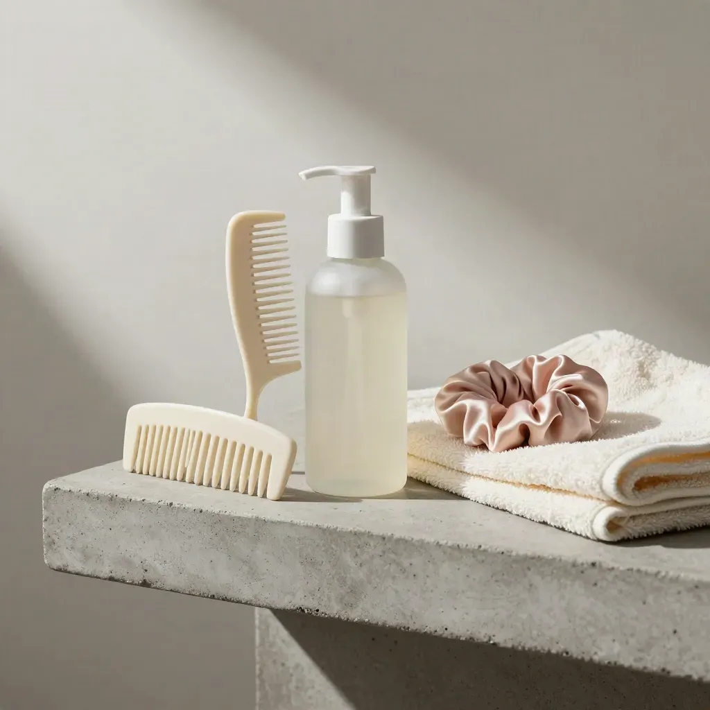 Serum, comb, scrunchie and towel arranged on a stone shelf in soft side light.