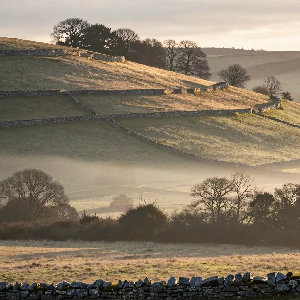 Meanwood Valley terraces and a misty ridge above open meadow at sunrise