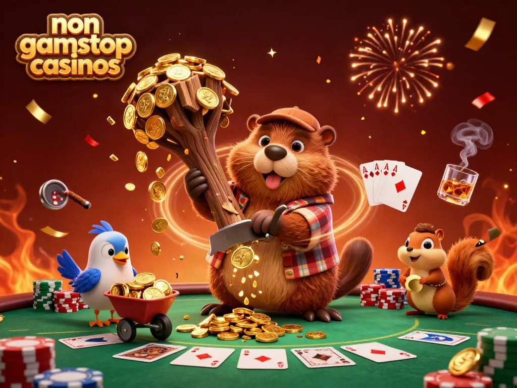 Engaging scene with a 3D cartoon lumberjack beaver promoting non gamstop casinos, surrounded by poker elements and gold coins.