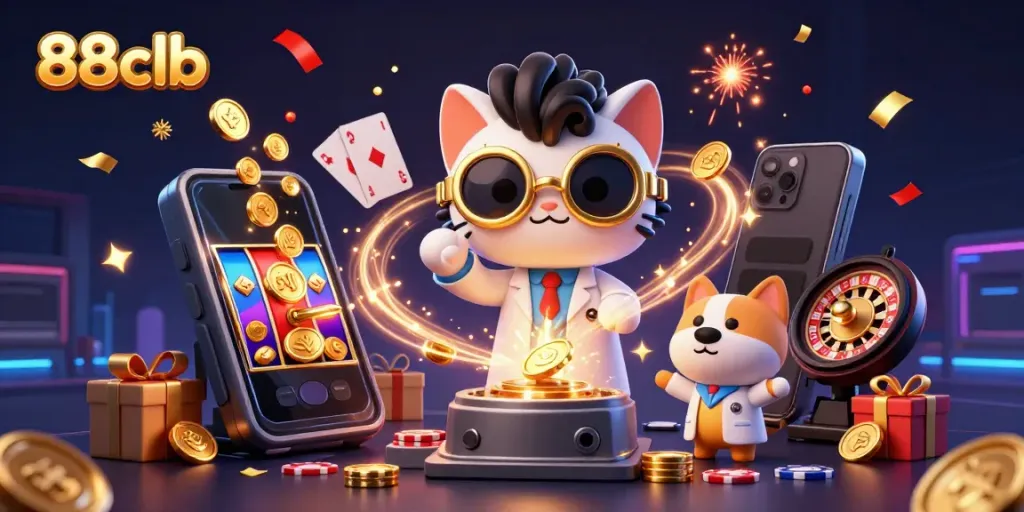 Engage with exciting 88clb casino features as a mad scientist cat and dog create wealth-generating magic.