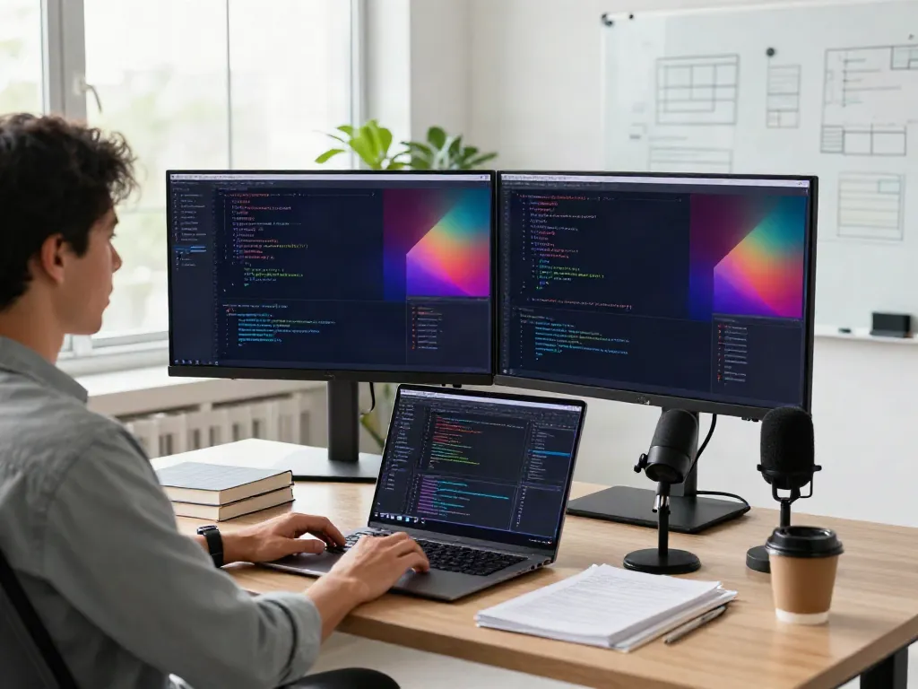 Developer integrating a multi-model API in a modern workspace, showcasing coding screens and design tools.