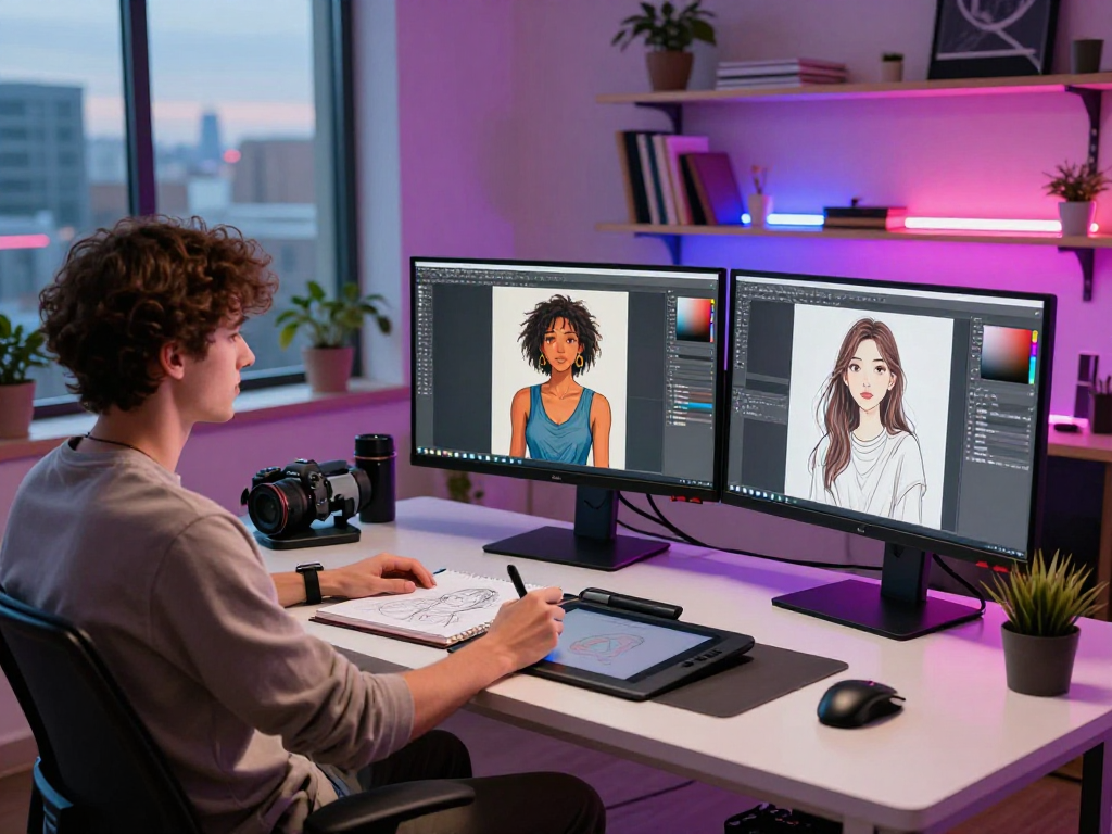 Dynamic AI NSFW creative workspace with digital tools and vibrant atmosphere.