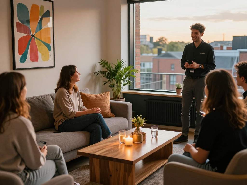 Welcoming atmosphere for Airbnb management Sheffield with hosts and guests enjoying a stylish urban flat in Sheffield.