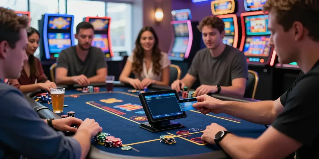 Experience the excitement of the best credit card casinos with players enjoying games and using credit cards.