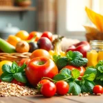 Savor healthy food with an enticing display of fresh fruits and vegetables on a rustic table.