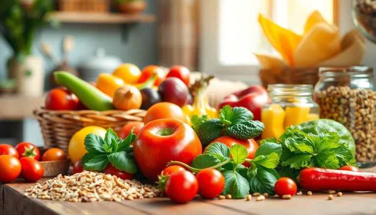 Savor healthy food with an enticing display of fresh fruits and vegetables on a rustic table.
