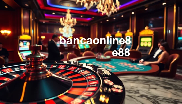 Experience the excitement of bancaonline88 with players at a roulette wheel in a lavish casino setting, engaging in thrilling games.