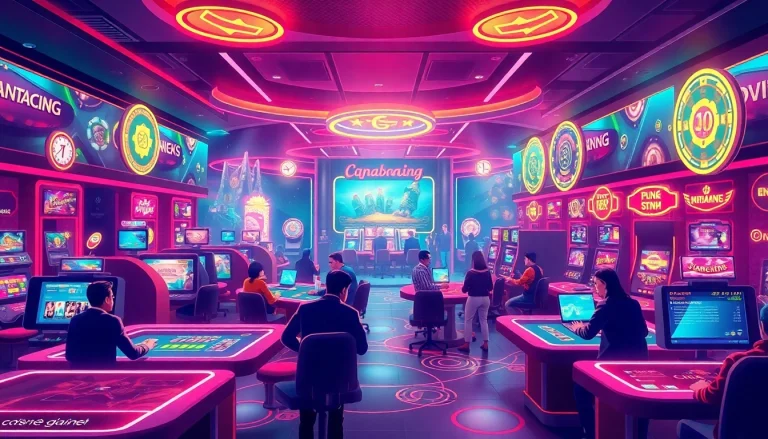 Engaging digital casino atmosphere showcasing gameplay at https://ii69vn.com/ with modern interfaces, vibrant colors, and excitement.